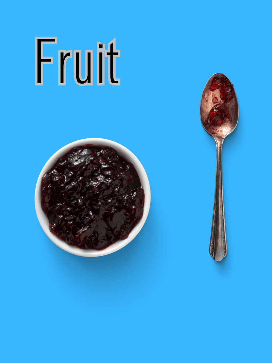 Photograph of a pot of jam and a spoon against a blue background with text that reads "Fruit"
