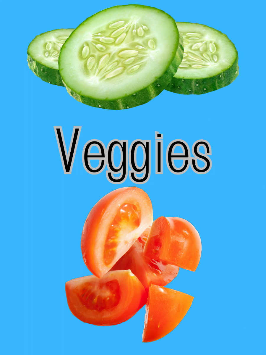 Photograph of slices of cucumber and slices of tomato against a blue background with text in the middle that reads "Veggies"